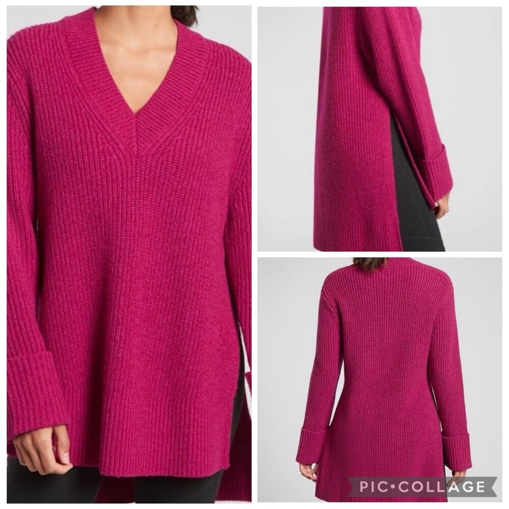 Athleta Chunky Knit Oversized Tunic V Neck Sweater Pink Measures L/XL (Tag S)